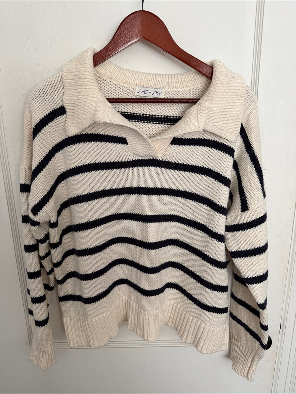She + Sky Cream and Black Striped V-Neck Collared Sweater